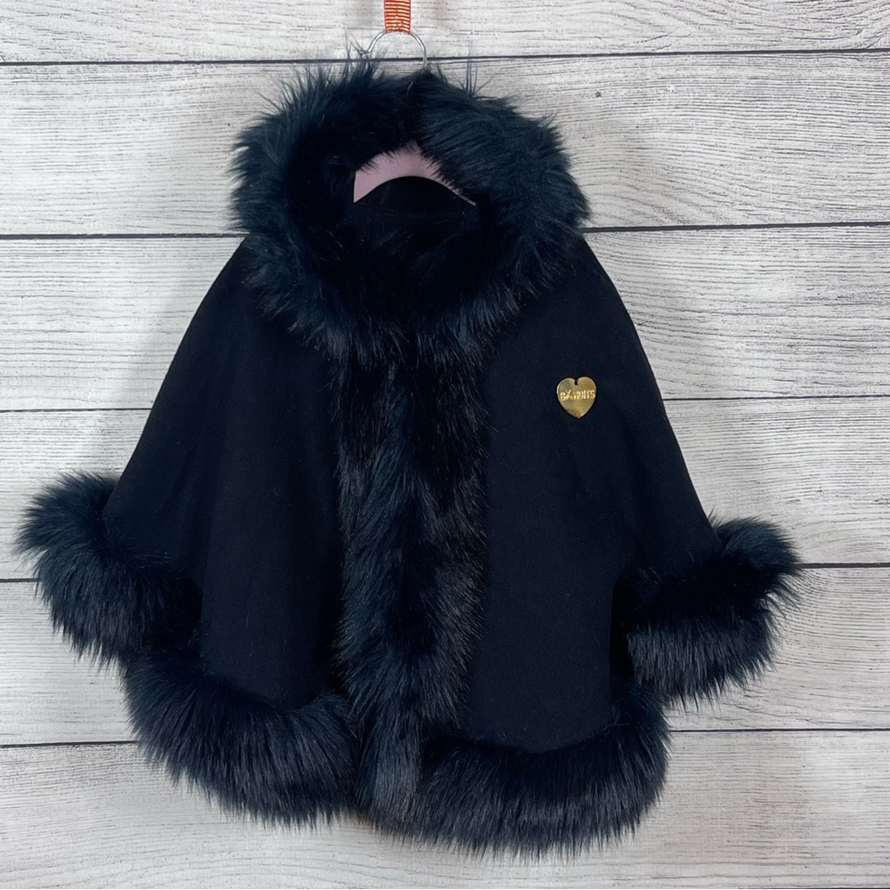 Bandits Girl Black Felted Cape with Faux Fur Trim Sz M
